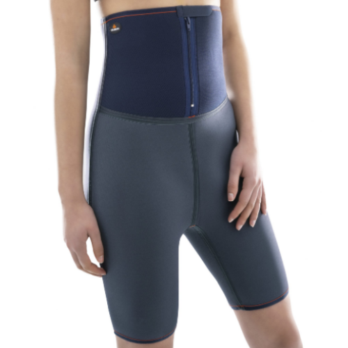 Calção alto em neoprene cinzento vestido, com faixa de cintura azul e fecho de correr à frente