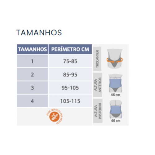 Tabela de tamanhos 1 a 4 com os perímetros da anca e esquemas das alturas à frente e atrás