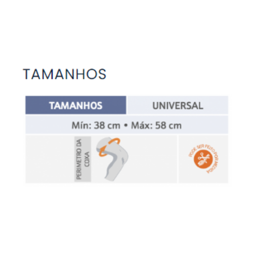 Tabela de tamanho universal do suporte de coxa, para perímetros de 38 a 58 cm
