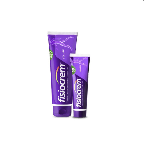Duas bisnagas roxas de Fisiocrem Solugel, uma de 250 ml e outra de 60 ml, lado a lado