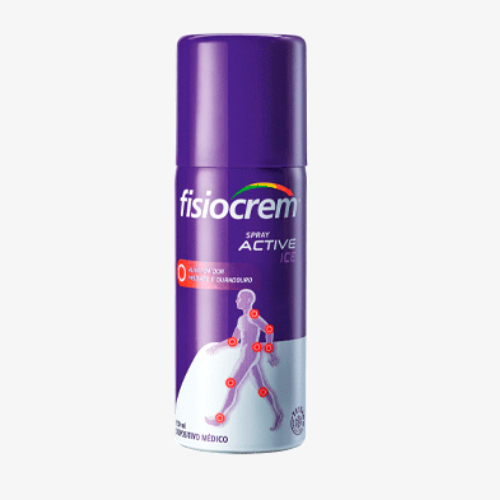 Lata do Fisiocrem Spray Active Ice, roxa, com a silhueta de uma pessoa a caminhar