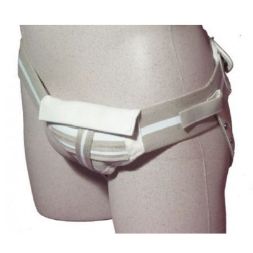 Funda inguinal branca com cinto elástico e almofada de compressão, colocada num manequim