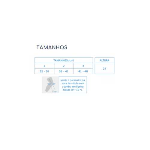 Tabela de tamanhos 1 a 3 com perímetros de 32 a 48 cm e altura de 24 cm