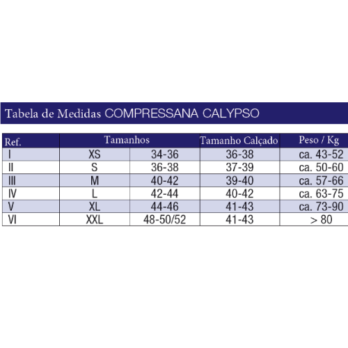 Tabela de medidas Compressana Calypso com tamanhos XS a XXL, número de calçado e peso