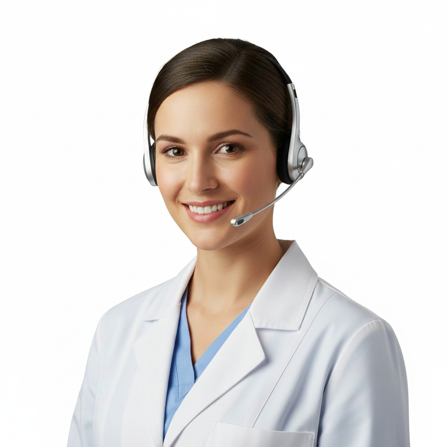 Mulher jovem bata hospital headset fundo branco puro