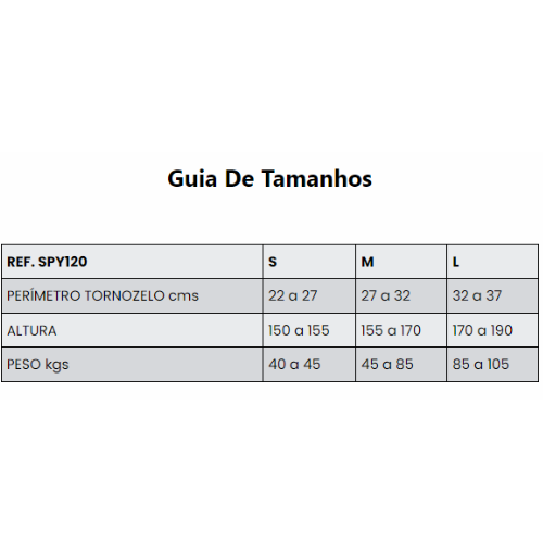 Guia de tamanhos S, M e L com perímetro do tornozelo, altura e peso