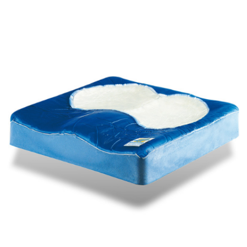 Almofada Duoform em espuma azul com duas zonas de gel branco na área do assento, sem capa