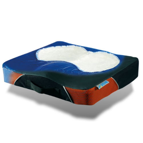 Almofada Duoform com a capa preta e laranja meio colocada, a deixar ver o gel branco