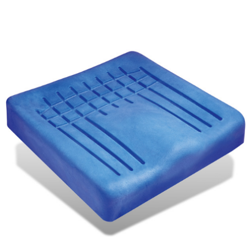 Almofada anti-escaras quadrada em espuma azul, com ranhuras em grelha na superfície