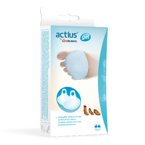 Embalagem Actius Gel da Orliman com a almofada metatársica azul ilustrada