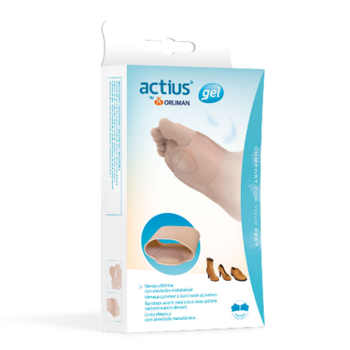 Embalagem Actius gel da banda elástica metatársica, com imagem do produto calçado num pé
