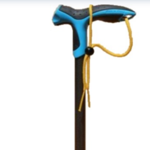 Bengala com punho azul e preto e fita de pulso amarela com aperto