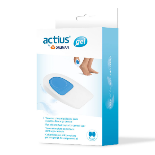 Embalagem actius gel da Orliman com a calcanheira plana de silicone para esporão