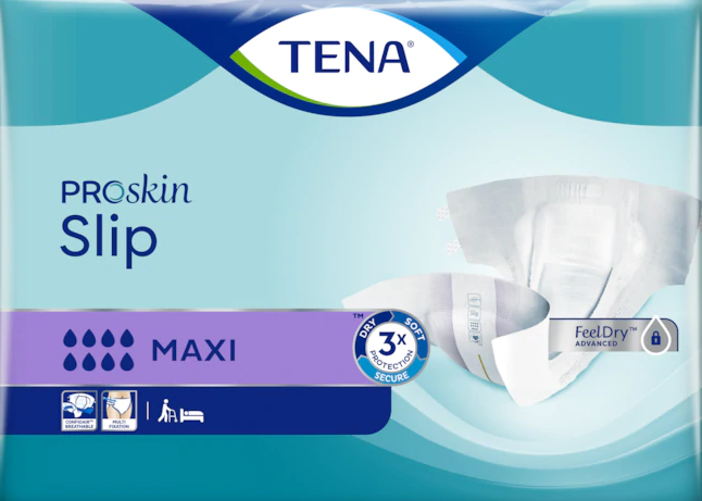 Embalagem verde-água da TENA ProSkin Slip Maxi, com a fralda ilustrada e seis gotas de absorção