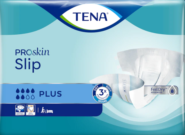 Embalagem da fralda TENA ProSkin Slip Plus, em tons de azul, com a fralda ilustrada na frente