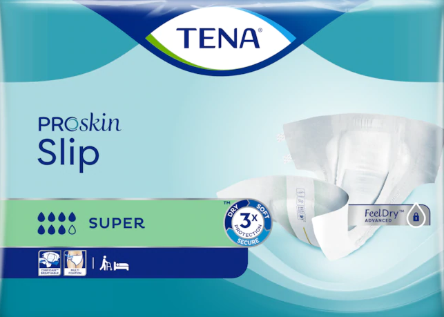 Embalagem da fralda TENA ProSkin Slip Super, em tons de azul e verde, com a fralda ilustrada