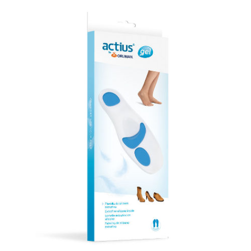 Embalagem actius gel da palmilha de silicone, com a palmilha ilustrada na frente