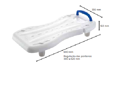 Esquema de medidas da prancha: 690 mm de comprimento, 330 mm de largura e 160 mm de altura