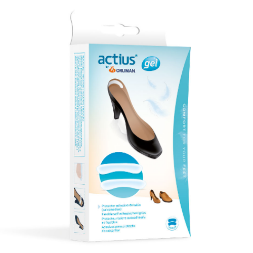 Embalagem actius gel do protetor de calcanhar, com os dois protetores transparentes ilustrados