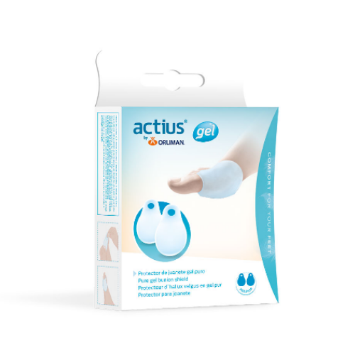 Embalagem Actius Gel do protetor de joanete em gel puro, com dois protetores ilustrados