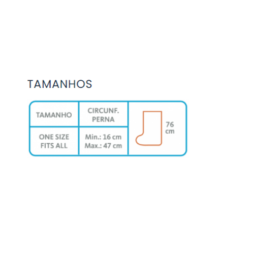 Tabela de tamanho único, com circunferência de perna de 16 a 47 cm e altura de 76 cm