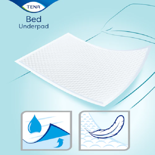 Resguardo TENA Bed branco acolchoado sobre fundo azul-claro, com ícones de absorção e suavidade