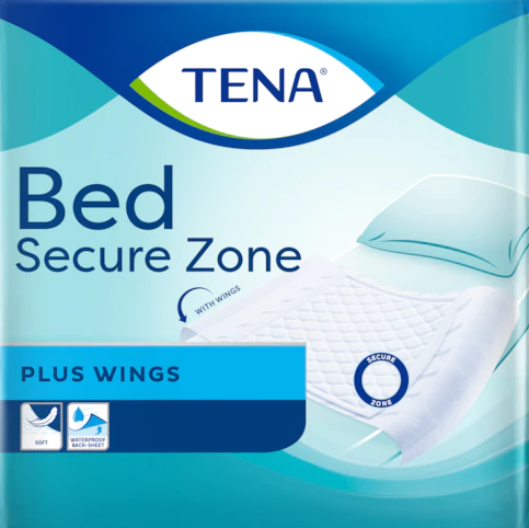 Embalagem do resguardo de cama TENA Bed Secure Zone Plus Wings, em tons de azul e branco