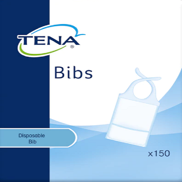 Embalagem azul dos babetes descartáveis TENA Bibs, com 150 unidades