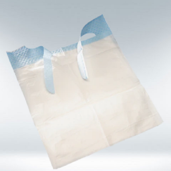Babete descartável TENA branco, com fita azul de atar ao pescoço e bolso na parte de baixo