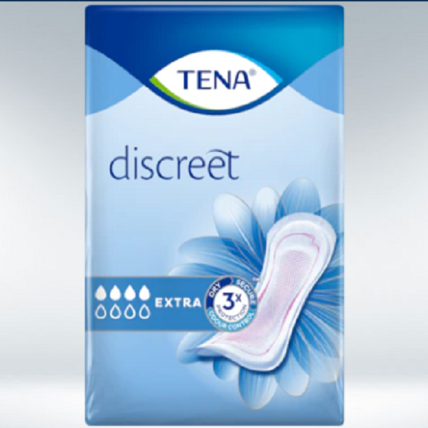 Embalagem azul de pensos TENA Discreet Extra, com 4 gotas de absorção assinaladas