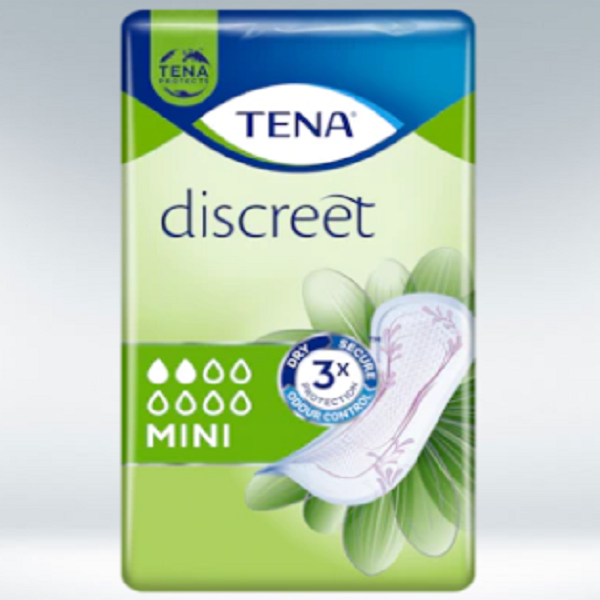 Embalagem verde do TENA Discreet Mini, com um penso ilustrado e o nível de absorção em gotas