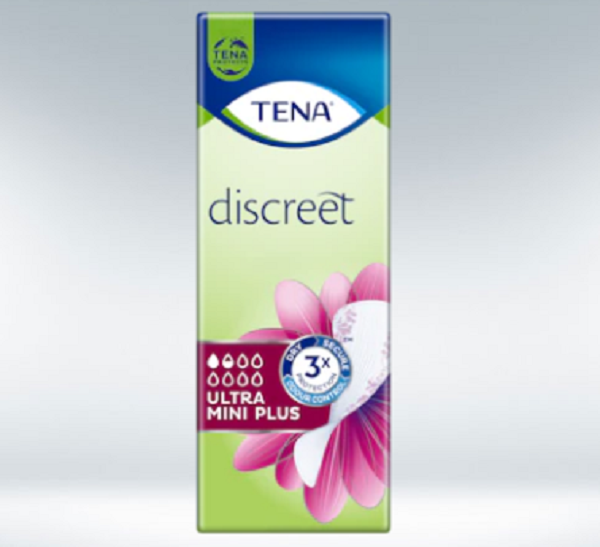 Embalagem verde e rosa dos pensos TENA Discreet Ultra Mini Plus, com escala de gotas