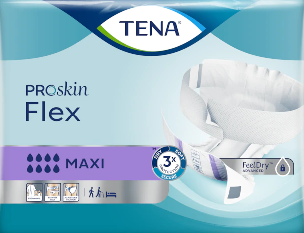 Embalagem da fralda com cinto TENA ProSkin Flex Maxi, com faixa roxa e a fralda ilustrada