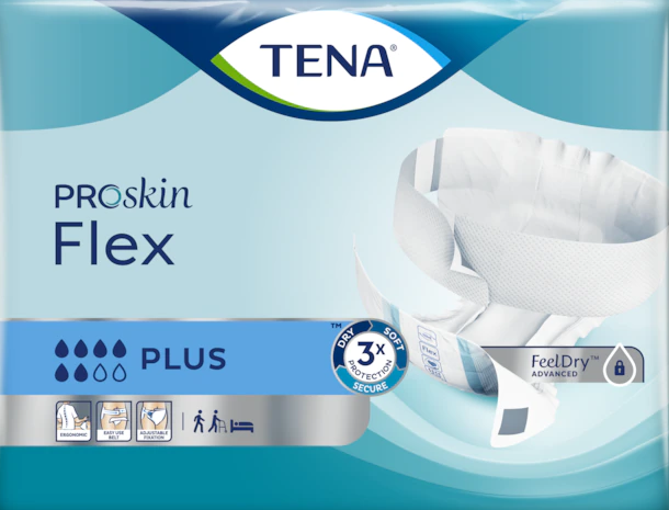 Embalagem da TENA ProSkin Flex Plus, com a fralda de cinto ilustrada e cinco gotas de absorção