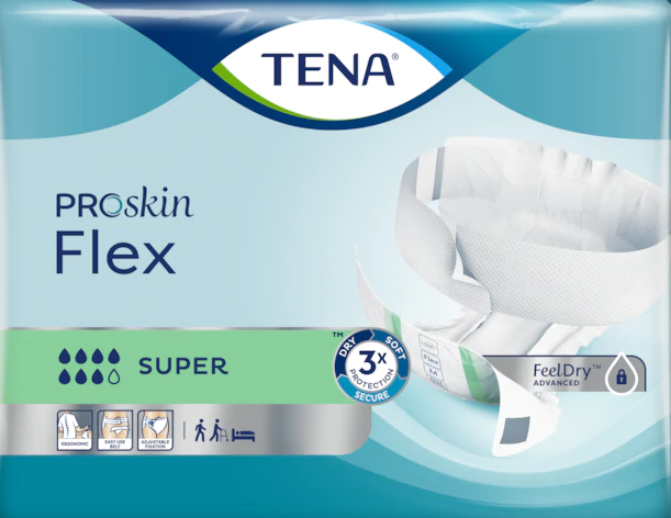 Embalagem de fraldas TENA ProSkin Flex Super, com o cinto ajustável mostrado na frente do pacote