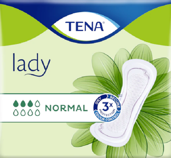 Embalagem verde de pensos TENA Lady Normal, com três gotas de absorção e o penso ilustrado