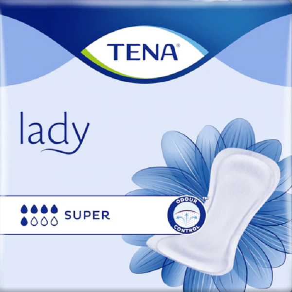 Embalagem azul do penso TENA Lady Super, com o penso ilustrado sobre uma flor