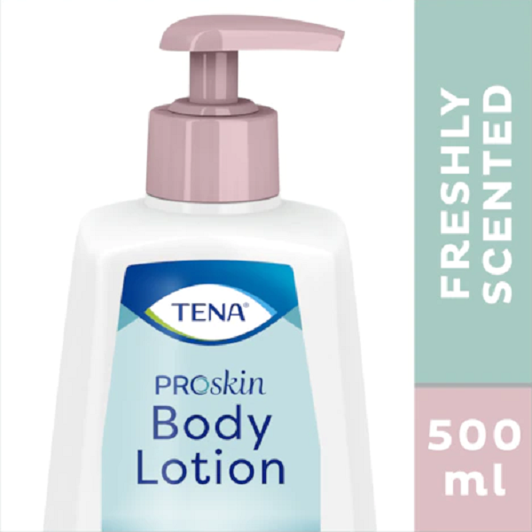 Pormenor do doseador e do rótulo do frasco de 500 ml da loção corporal TENA ProSkin