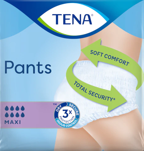 Embalagem azul das TENA Pants Maxi, com a escala de gotas de absorção