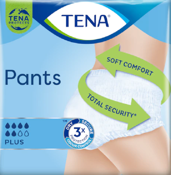 Embalagem das cuecas absorventes TENA Pants Plus, com a imagem do produto vestido