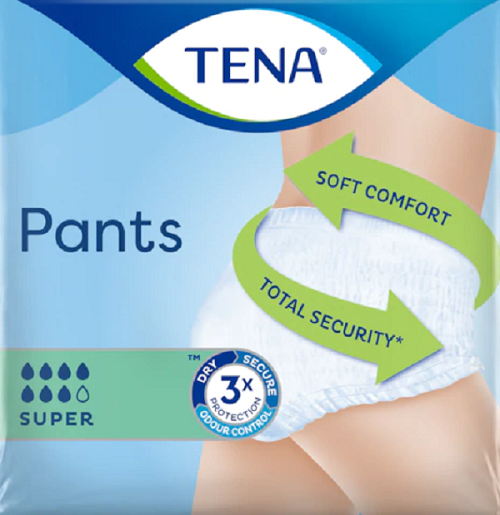 Embalagem azul das TENA Pants Super, com a cueca absorvente vestida e o nível de absorção