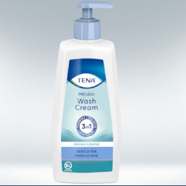 Frasco branco do TENA ProSkin Wash Cream 3 em 1, com bomba doseadora azul-acinzentada